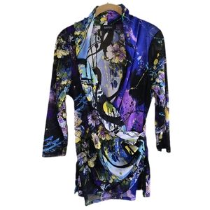 Vibrant Artistic KAREN KANE Draped Neck Mesh Blouse Wrap BLOUSE XL